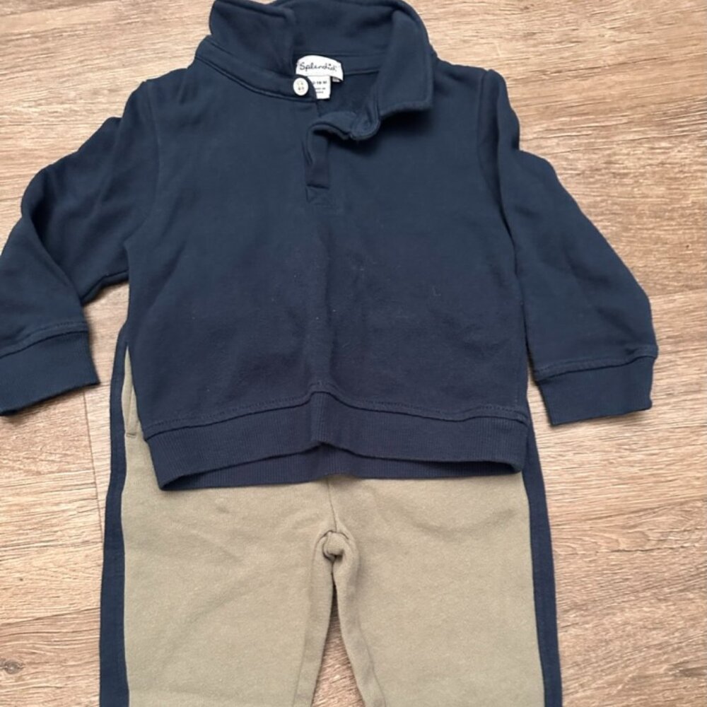 Splendid Navy Long Sleeve Polo and Stripped Joggers Set Sz 12-18M
